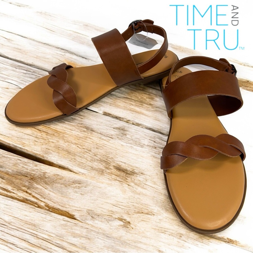 Time and Tru Sintetico Women's Braided Flat Sandals Cognac US Sz 9.5